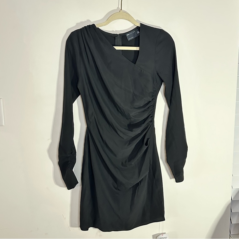ASOS DESIGN Black Ruched Draped Long Sleeve Mini Dress Party Holiday Size 4